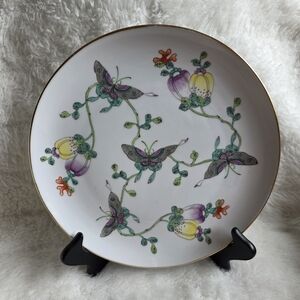 White Porcelain Decorative Plate with Floral & Butterfly Motif — Gold Trim